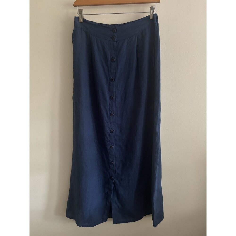 Flax Navy Blue Button-Front Midi Skirt